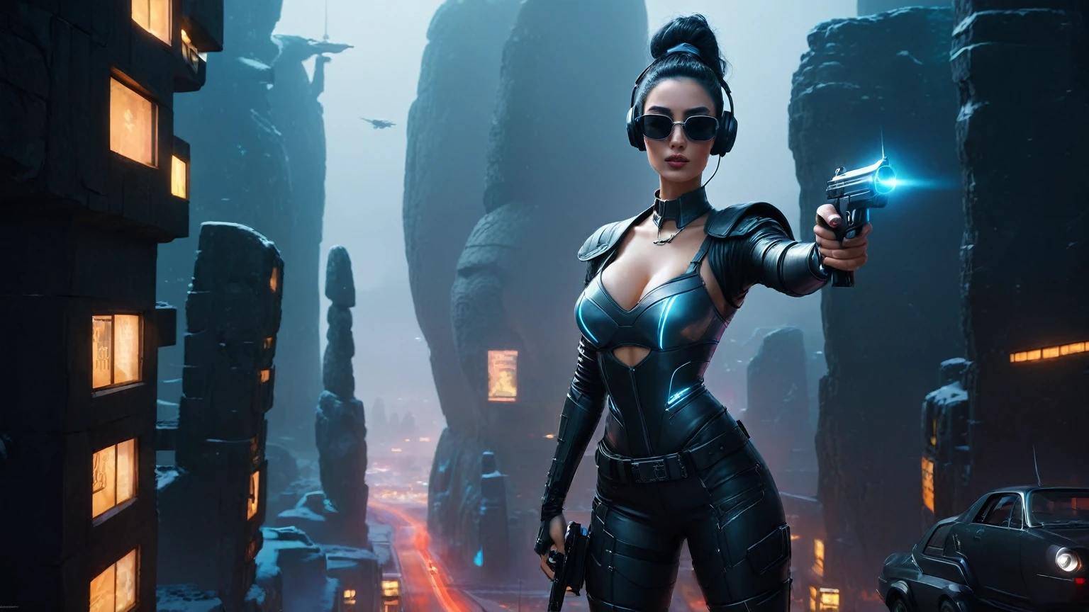 At night, dark sky, distant shot aerial view of fantasy cyberpunk style ice ((Moai-statue)) city, ((flying car)). ((1girl, solo, alone)), medium-breast:1.1 slim body, cleavage, sexy clothes, (headphone, black sunglasses, long black realistic hair), (((hip-up standing and holding pistol))), half-body thigh level medium shot, cinematic lighting.