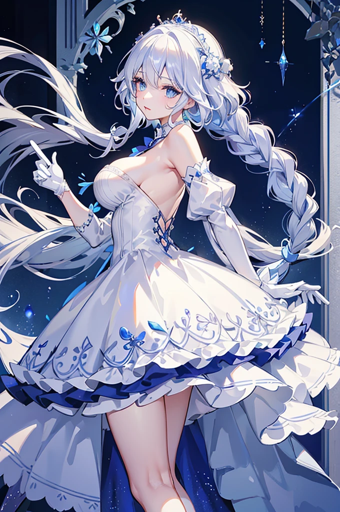 A woman with white hair and blue eyes、adult、Long, fluffy wavy hair、Braiding、Wearing hair ornaments、Princess、White gloves、Putting index finger on lips、blue and white lace dress、The length of the dress is short in the middle and long at the back、Garter Ring、Fantasy