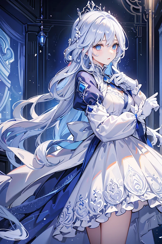 A woman with white hair and blue eyes、adult、Long, fluffy wavy hair、Braiding、Wearing hair ornaments、Princess、White gloves、Putting index finger on lips、blue and white lace dress、The length of the dress is short in the middle and long at the back、Garter Ring、Fantasy