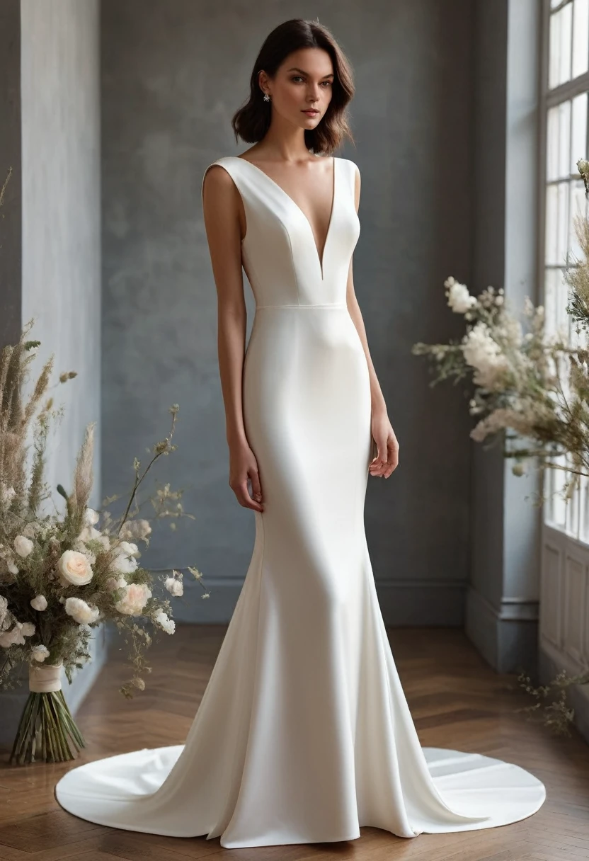 simple and chic wedding dress with clean lines and no excessive decorations. Made from high-quality fabrics like silk and crepe. Unusual cuts and unique details like an open back or asymmetrical sleeves, full-length
