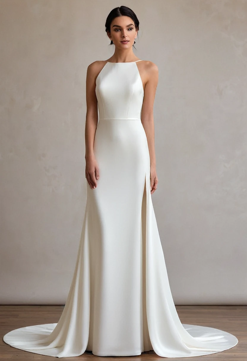 simple and chic wedding dress with clean lines and no excessive decorations. Made from high-quality fabrics like silk and crepe. Unusual cuts and unique details like an open back or asymmetrical sleeves, full-length 