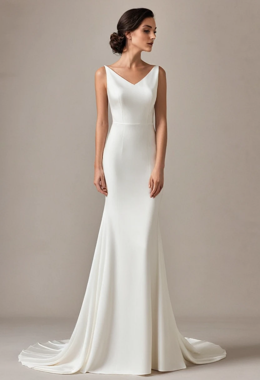 simple and chic wedding dress with clean lines and no excessive decorations. Made from high-quality fabrics like silk and crepe. Unusual cuts and unique details like an open back or asymmetrical sleeves, full-length