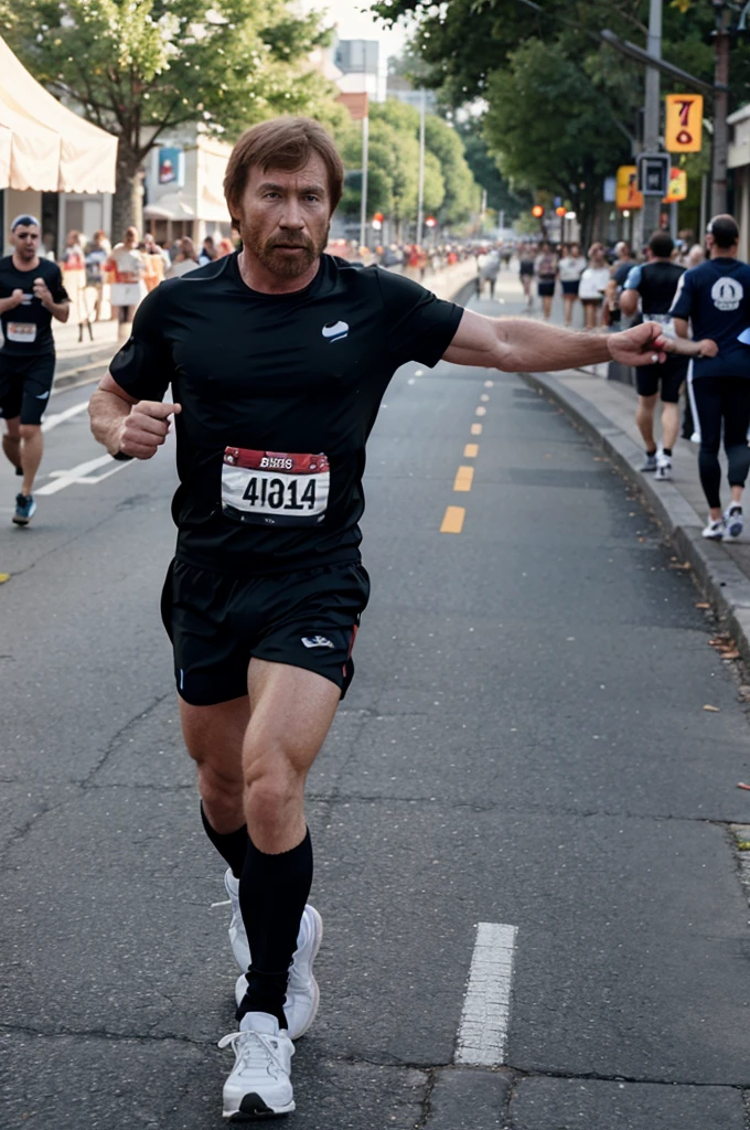 Chuck Norris running a marathon in a runner outfit.