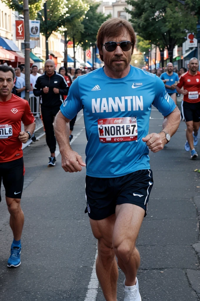 Chuck Norris running a marathon in a runner outfit.