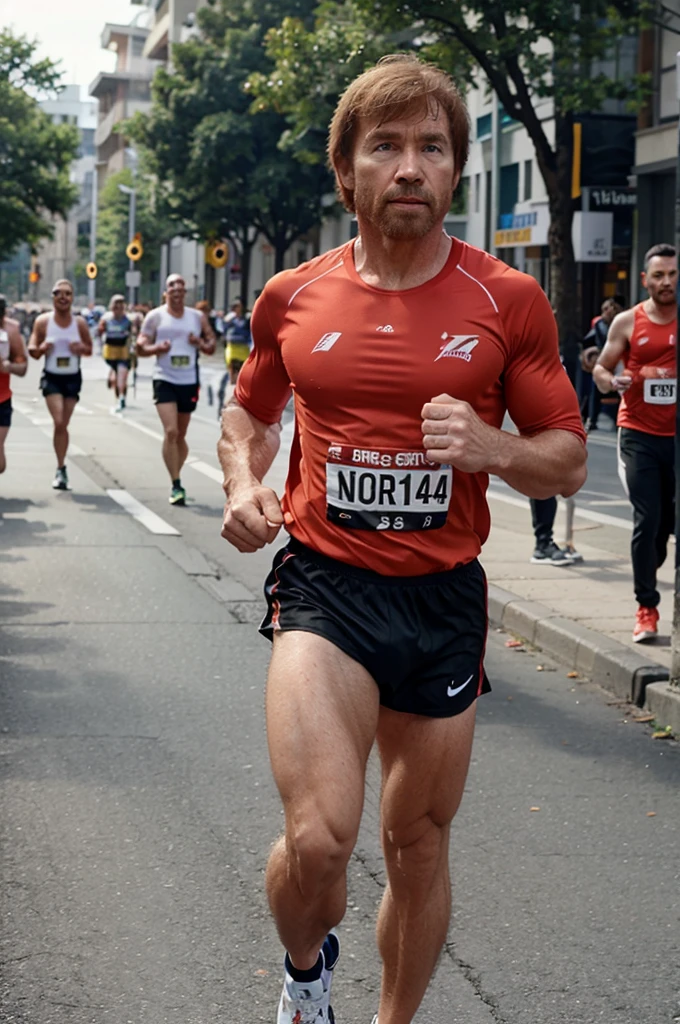 Chuck Norris running a marathon in a runner outfit.