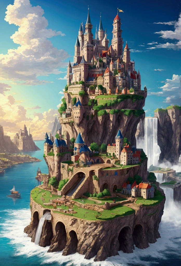 artwork, highest quality, Better Quality, Big Medieval City On Island, Waterfall cascading down from the centre of the island, Fantasy World, Magnificent panorama, Multicolored clouds, Flashy colors, many wood ship around the island