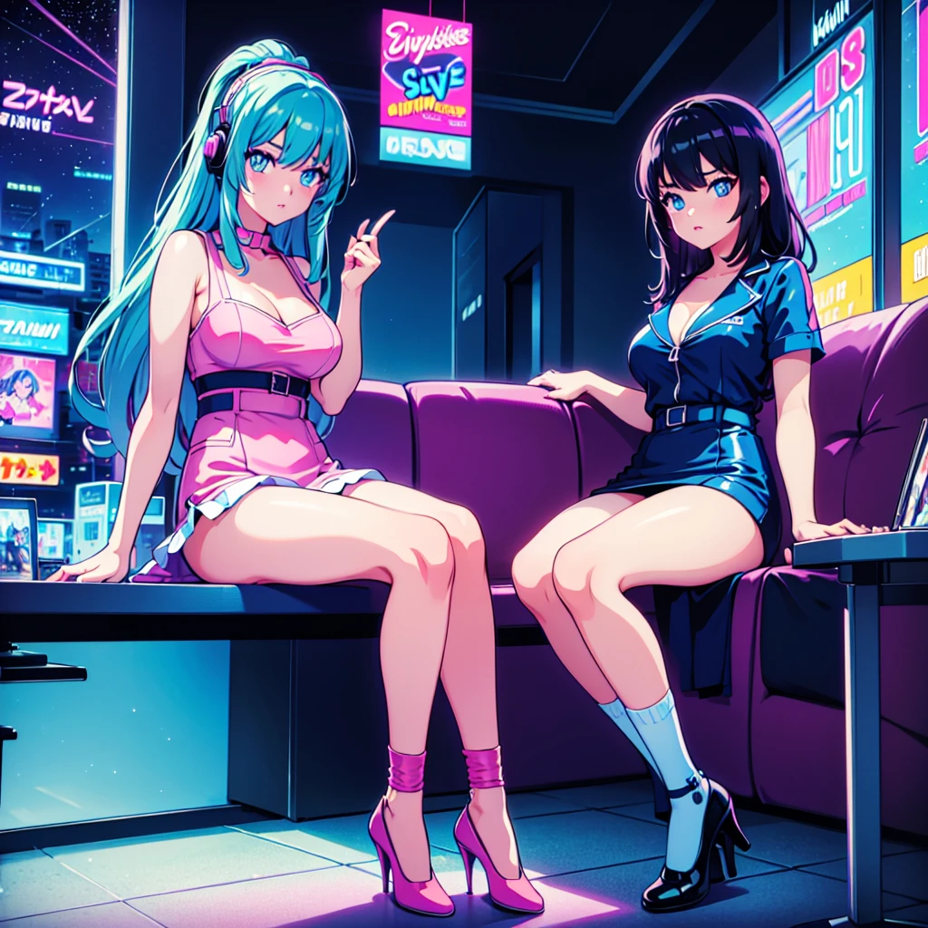 (masterpiece), Highest quality, Expressive eyes, Neon pastel aesthetics, Retro 90s, Neon color,((Girl sitting on sofa,In a cozy room,Records hanging on her wall, Comic books on the floor, Looking out the window behind her at the night city, Upholstered room, Anime figures lined up on a shelf)), Wearing headphones, (All around her it sparkles), (Wearing high socks and heels), (blue eyes), (Soft look), (Synthwave Art Style), Colorful Hair, Desk with PC set up