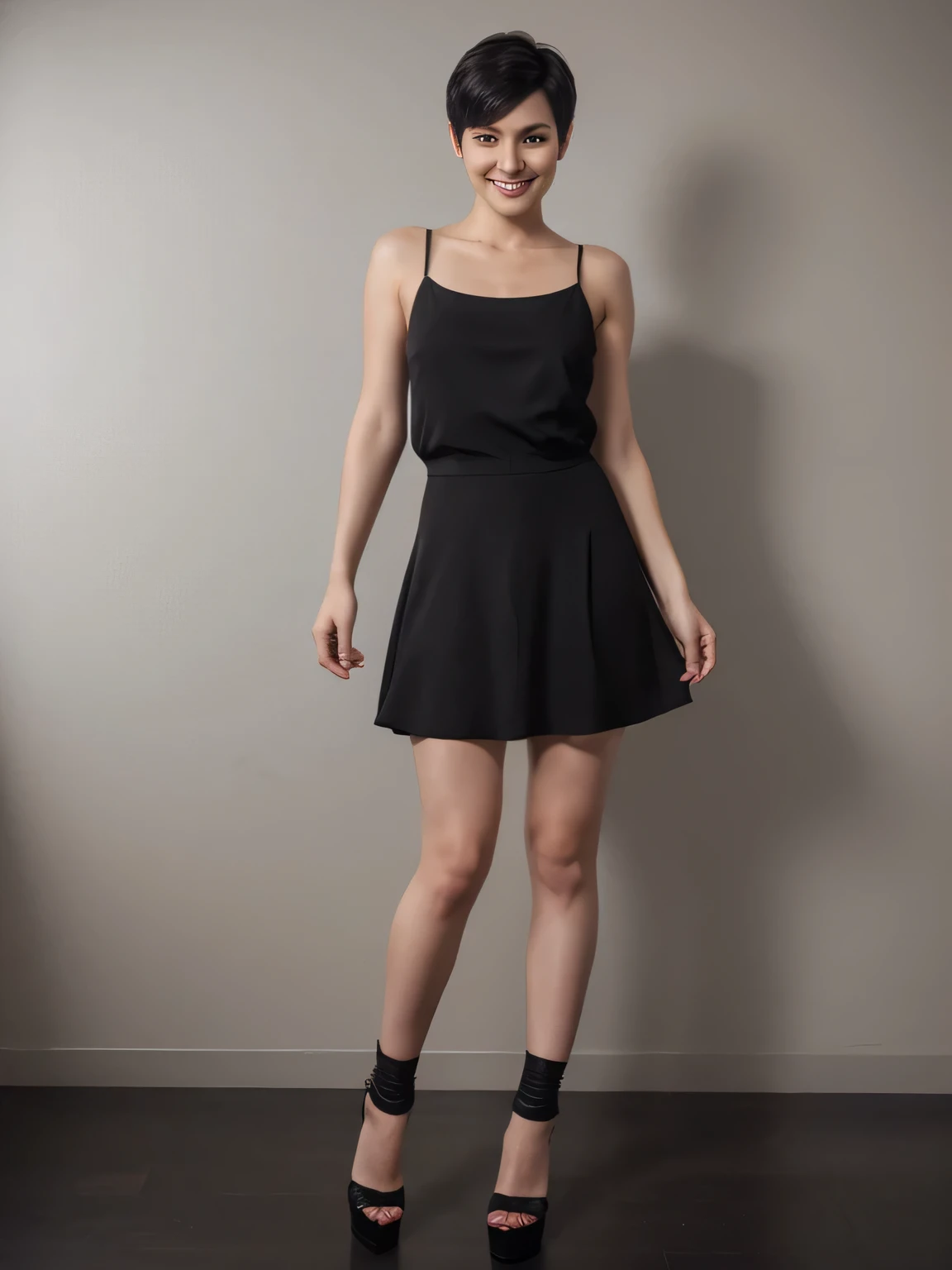 8k, RAW photo, best quality, ultra high resolution, photorealistic, (slim) girl with black purple short undercut haircut, eye makup, smiling, black dress, neutral background, standing, showing beautiful legs, black high hells shoes