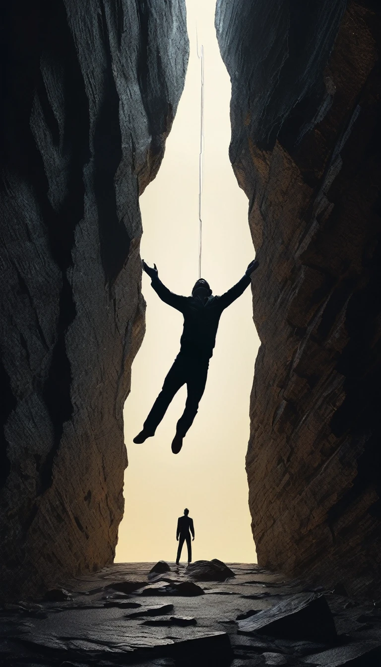 conceptual image featuring a silhouetted man figure, appearing to be falling upwards, Suspended in mid-air The man is in a fetal position, with limbs slightly bent and head tilted downwards. in the background a dark abyss with rock walls and a single circular opening in the ceiling. A beam of bright, white light shines down through the opening, illuminating the center of the abyss. The overall atmosphere is mysterious and otherworldly, with a stark contrast between the dark surroundings and the intense light from above.