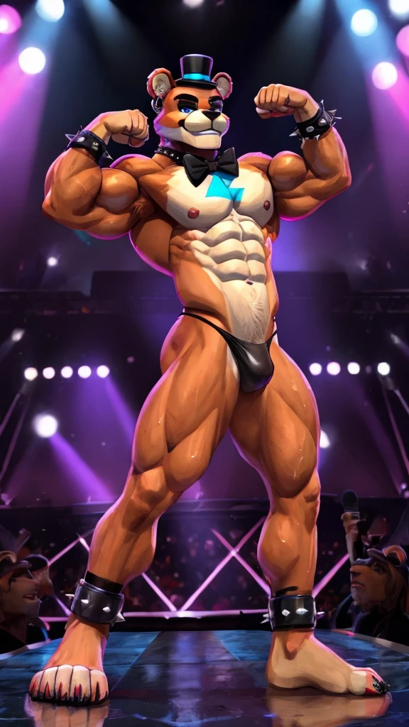 Glamrock Muscular adult Freddy flexing his arms wearing a small thong on stage while sweaty 