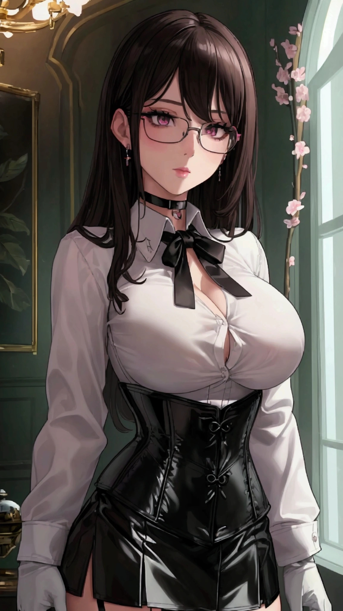 Masterpiece, Beautiful art, professional artist, 8k, Very detailed face, Detailed clothing, detailed fabric, 1 girl, whole body, View from the front, distant view, standing, pose sexy, BIG BREASTS, whole body perfectamente dibujado, shy expression, pale skin, beautiful face, long dark brown hair, 4k eyes, very detailed eyes, black eyes, pink cheeks, glasses, choker:1.6, (white long sleeve button down shirt with white collar), black gloves, gloves that cover hands, (black leather corset). (shiny black tight mini skirt), Sensual Lips, show details in the eyes, Elegant living room, At night