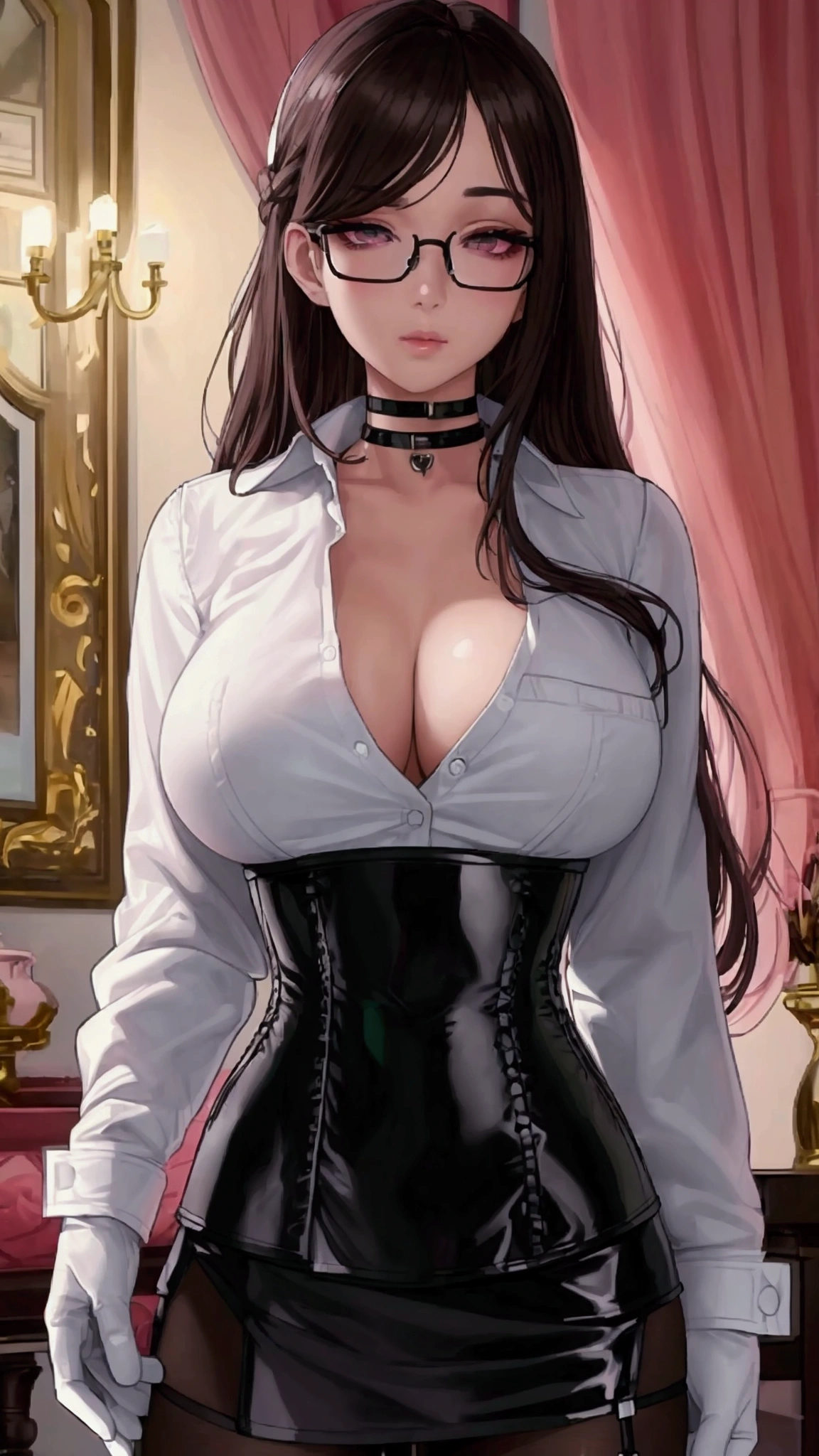 Masterpiece, Beautiful art, professional artist, 8k, Very detailed face, Detailed clothing, detailed fabric, 1 girl, whole body, View from the front, distant view, standing, pose sexy, BIG BREASTS, whole body perfectamente dibujado, shy expression, pale skin, beautiful face, long dark brown hair, 4k eyes, very detailed eyes, black eyes, pink cheeks, glasses, choker:1.6, (white long sleeve button down shirt with white collar), black gloves, gloves that cover hands, (black leather corset). (shiny black tight mini skirt), Sensual Lips, show details in the eyes, Elegant living room, At night