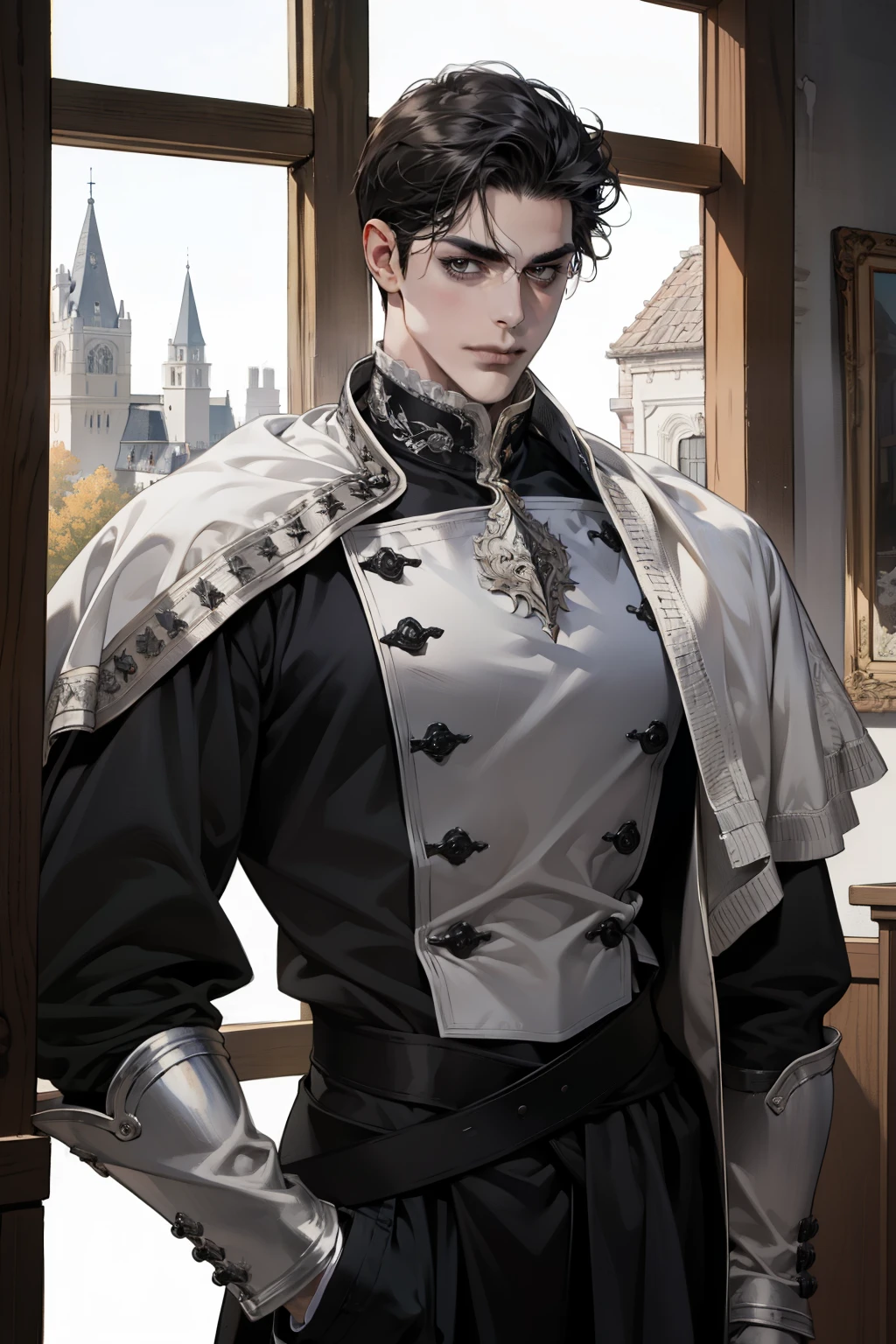 (masterpiece, Best quality:1.2), (absurd resolution, A high resolution, ultra detailed), 1 man, Middle Ages, adult, Beautiful, tall muscular guy, broad shoulders, black hair, finely detailed gray eyes, to the waist, Looking at the viewer, One, half shot, detailed background, detailed face, (Gothic), grin, serious face, arrogance high fantasy,, secrecy, under cover, (Drawers in the background), shadows, (Dutch corner), closed mouth, duke