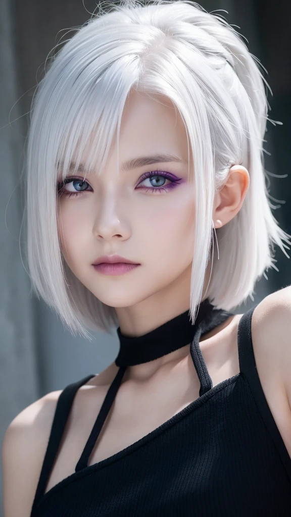 a white-haired, purple-eyed, white-skinned woman wearing black