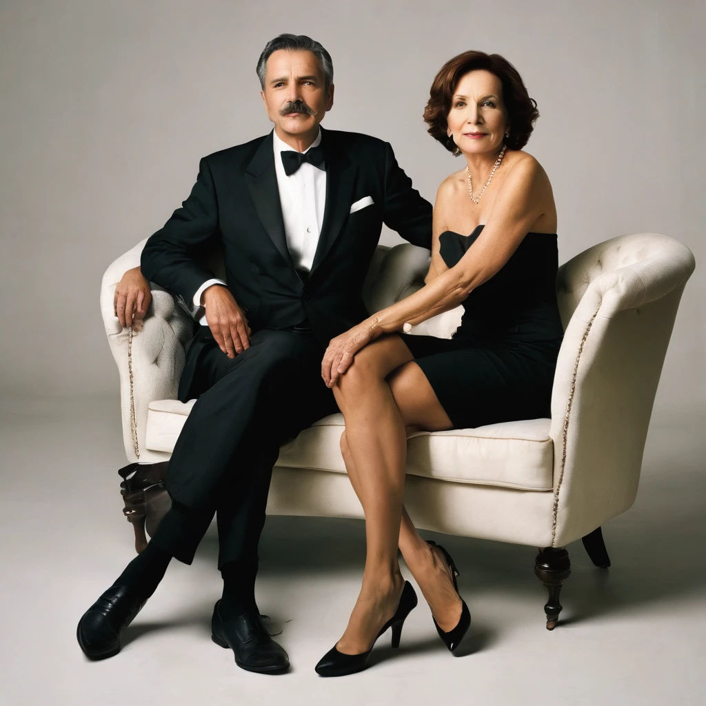 The man in his 50s with black very short hair and smooth face with moustache. The woman in her 60s with brown long wavy hair. The man is dressed in a black suit. The woman is wearing black strapless dress. The man and the woman are sitting on sofa with legs crossed. White background. Studio. Posing for magazine cover. Full length pose. HDR. UHD. Cinematic.