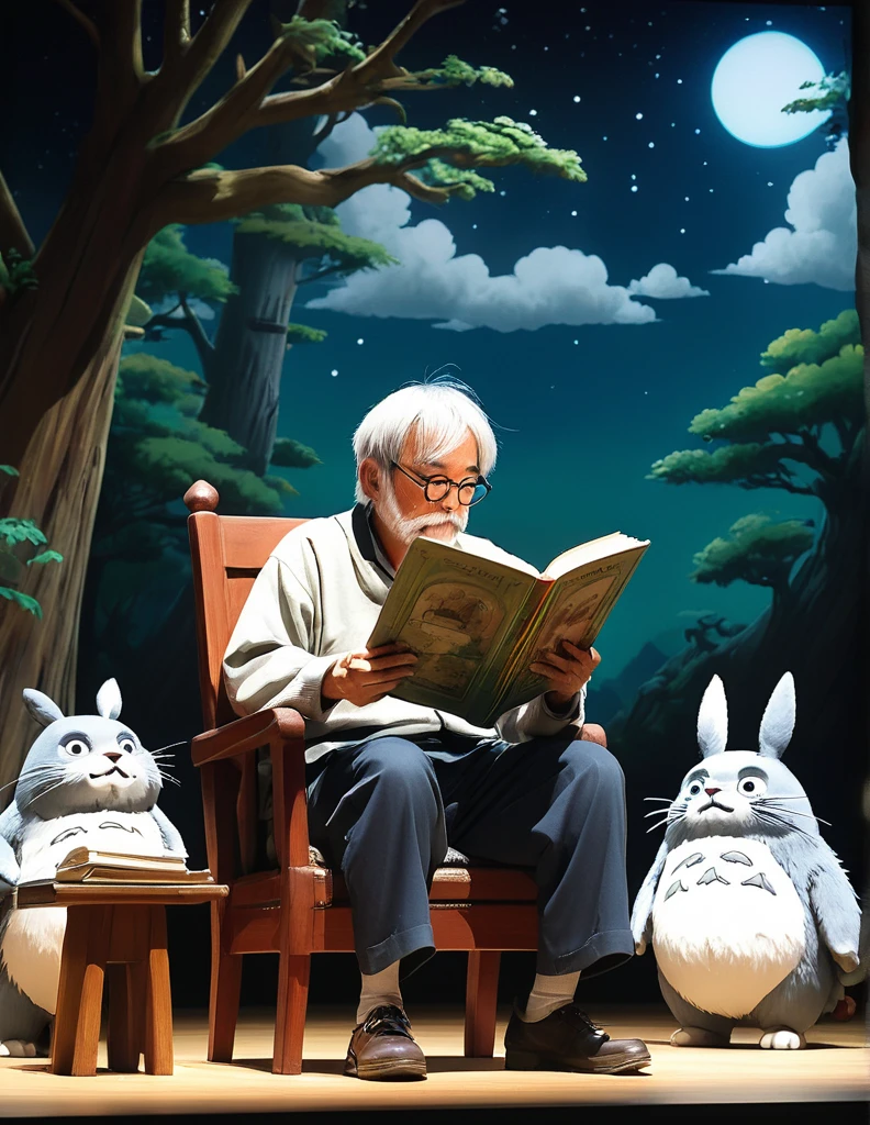 Ghibli style w live-action Hayao Miyazaki reading a book on stage