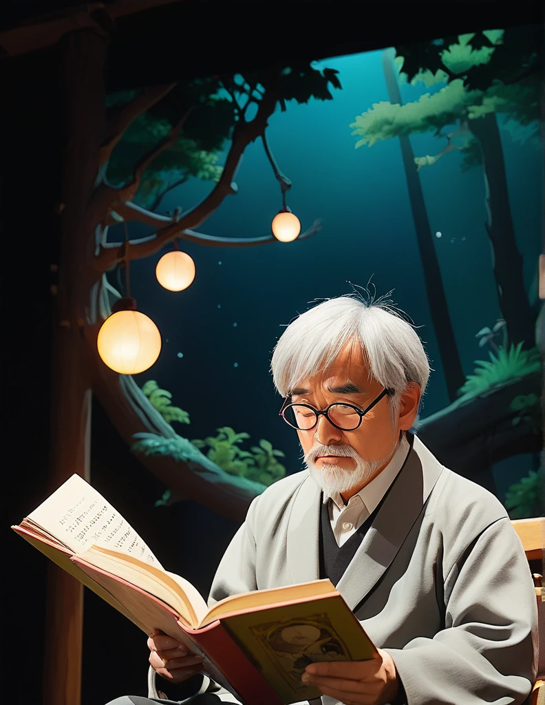 Ghibli style w live-action Hayao Miyazaki reading a book on stage