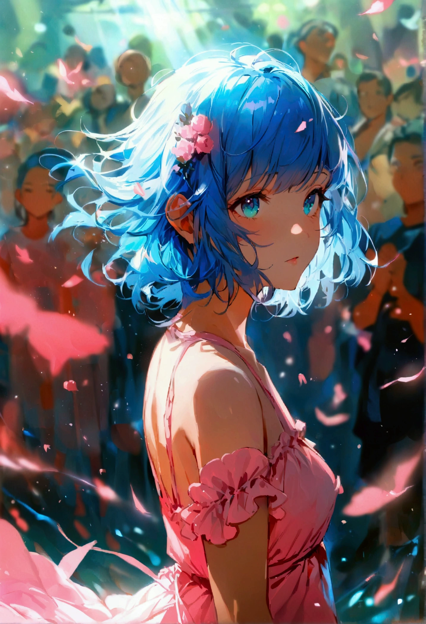 shortening, Depth of written boundary, masterpiece, Best Quality, 22 year old girl, Navy Blue Hair, Teal Eye, Medium Hair, floating,Pink rays, alone, Watching the audience,Pink Dress, flight, Dim sunshine,