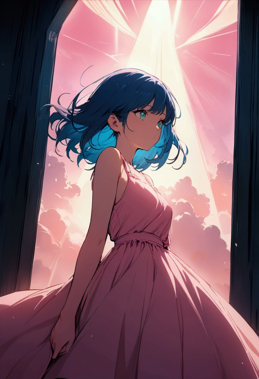 shortening,  Depth of written boundary, masterpiece, Best Quality, 22 year old girl, Navy Blue Hair, Teal Eye,  Medium Hair, floating,Pink rays, alone, Watching the audience,Pink Dress, flight,  Dim sunshine,