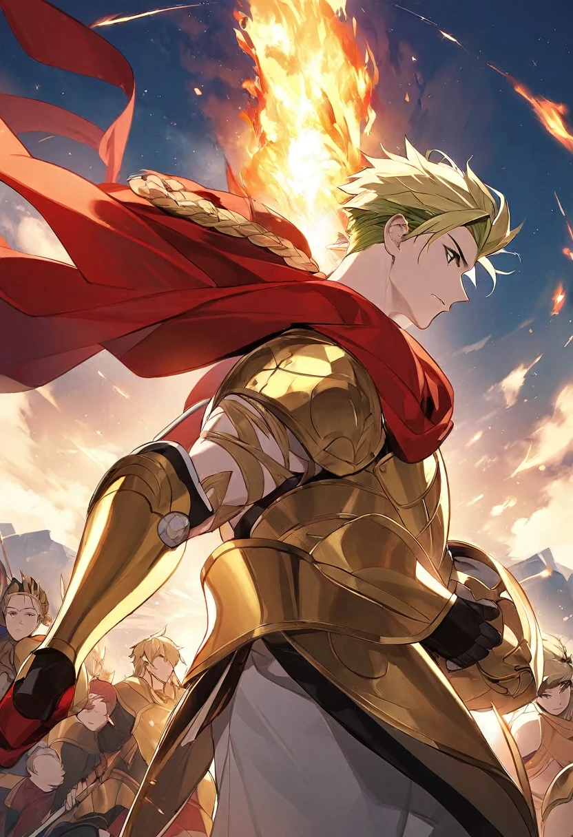 Una ilustración colorida y amigable para niños muestra a Achilles y Patroclus en el centro de la portada. Achilles, with golden armor and red cape, points with determination towards some burning ships. at your side, Patroclus, with similar armor, he is adjusting his helmet, Ready for the battle