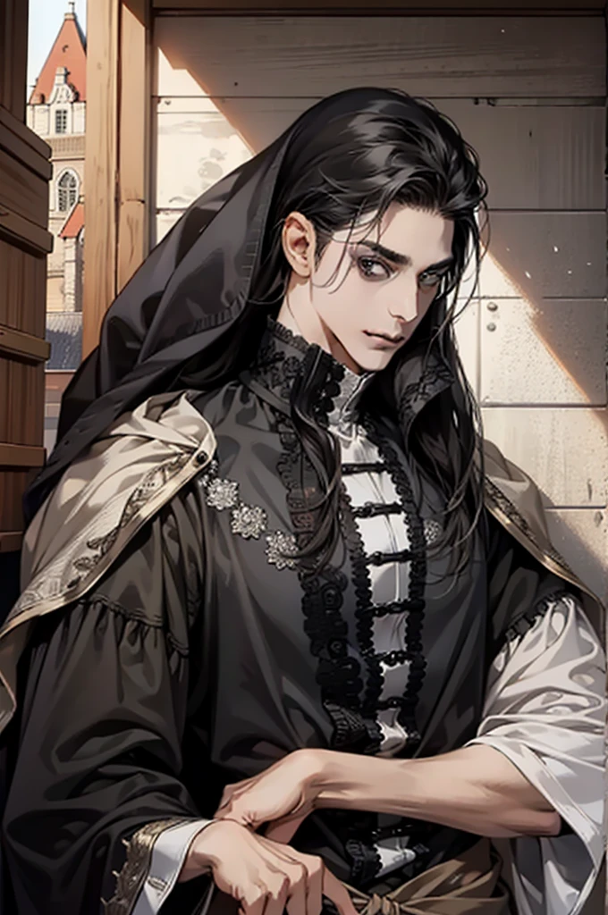 (masterpiece, Best quality:1.2), (absurd resolution, A high resolution, ultra detailed, detailed face), 1 man, Middle Ages, adult, Beautiful, tall muscular guy, broad shoulders, black hair, finely detailed gray eyes, to the waist, Looking at the viewer, One, half shot, detailed background, detailed face, (Gothic), grin, serious face, arrogance high fantasy,, secrecy, under cover, (Drawers in the background), shadows, (Dutch corner), closed mouth, duke