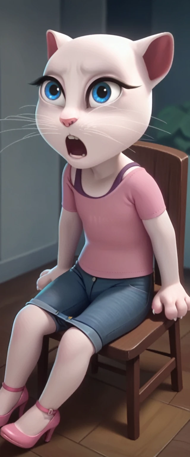 solo focus, a_la, 1girl, cat, white fur, long whiskers on both sides of the face, big bright blue eyes, big black eyelashes, pink nose, triangular ears with pink channels, high heels.short jeans pulled down. 1 girl and 1 boy human.front view. .
The man is sitting on the chair. Woman sits on man
anal screaming, lying, at home, looking back, big penis, 1 male rape, girl . Score_9, Score_8_up, Score_7_