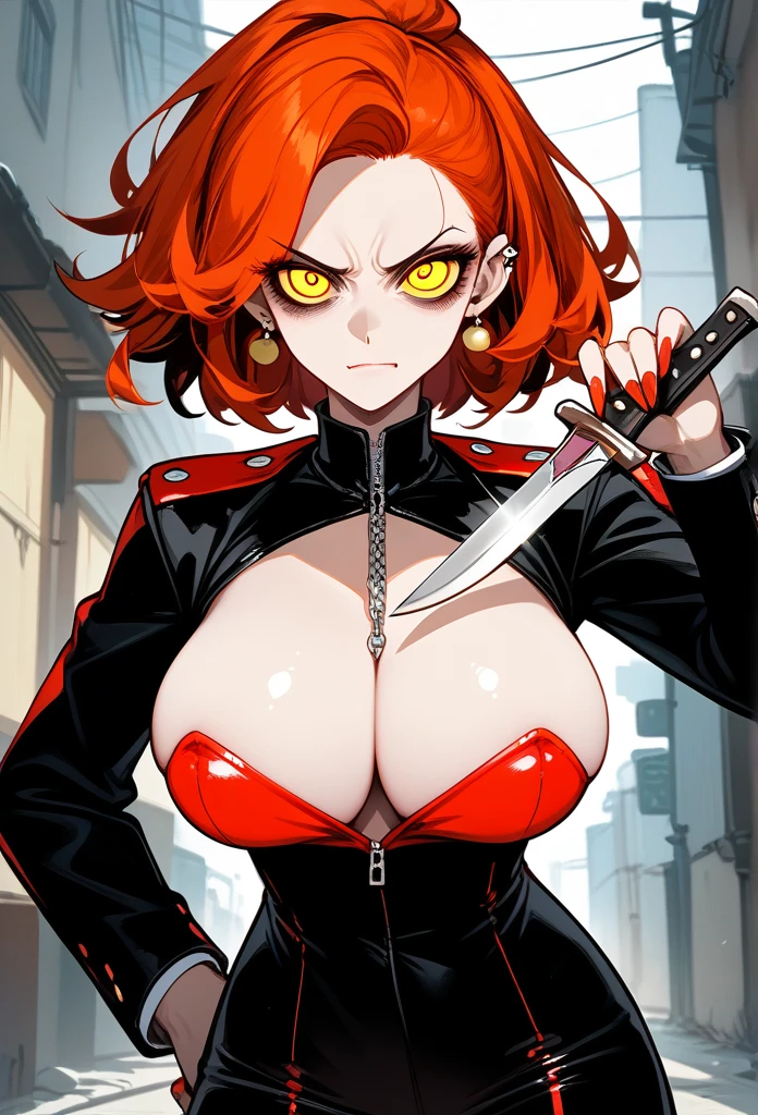 masterpiece, best quality, mature woman, mature face, trimmed hairstyle, red hair, mature face, hot face, sharp eyes, big breasts, voluptuous body, golden eyes, gangster outfit, looking at viewer, tough appearance, alley, (looking serious), lunatic face, lunatic smile, (glaring eyes, piercing eyes), lunatic expression, (holding dagger)