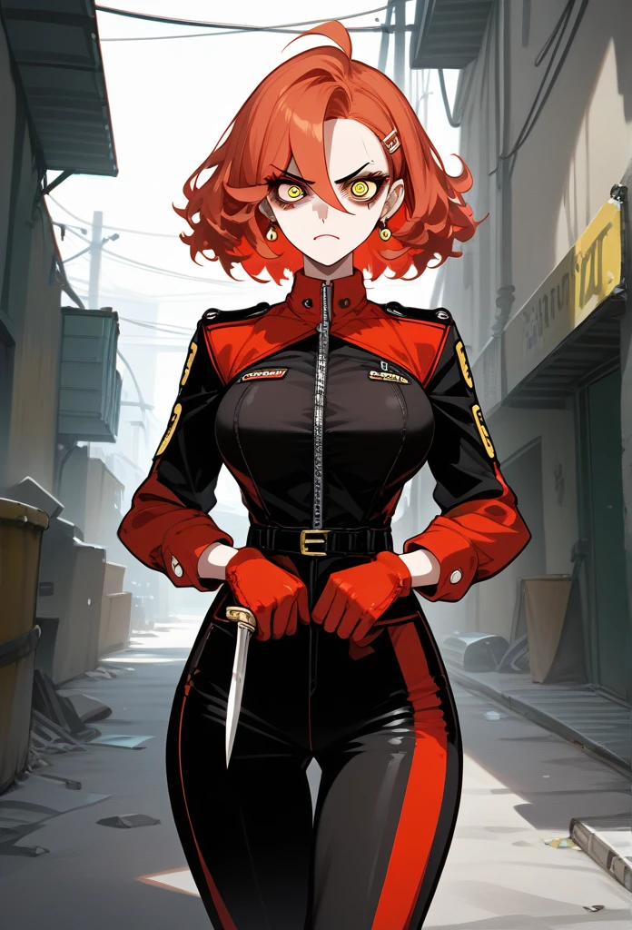 masterpiece, best quality, mature woman, mature face, trimmed hairstyle, red hair, mature face, hot face, sharp eyes, big breasts, voluptuous body, golden eyes, gangster outfit, looking at viewer, tough appearance, alley, (looking serious), lunatic face, lunatic smile, (glaring eyes, piercing eyes), lunatic expression, (holding dagger) 