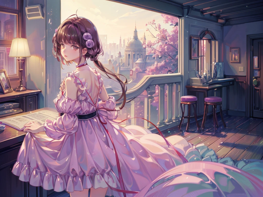 Reala, hair ornament, red choker, pink dress, (masterpiece, Absurd quality, Highest quality, Official Art, beautifully、aesthetic:1.2), 16K, Cute  girl, Very detailed, Digital Art, colorful, Most detailed, Bright colors, (Conversion Sequence), Baby Face, Cinema Lighting, Dynamic Angle, landscape, scenery, (difficult:1.5), (One girl:1.5), (indoor:1.5), Bedroom, lamp, (Hotel Rooms:1.3), (Very detailed lips:1.3), eyelash, Very detailed顔, (Perfect Legs, Perfect hands, Perfect Anatomy：1.1), Depth of written boundary, Speckled sunlight, Beautiful lighting, Little,