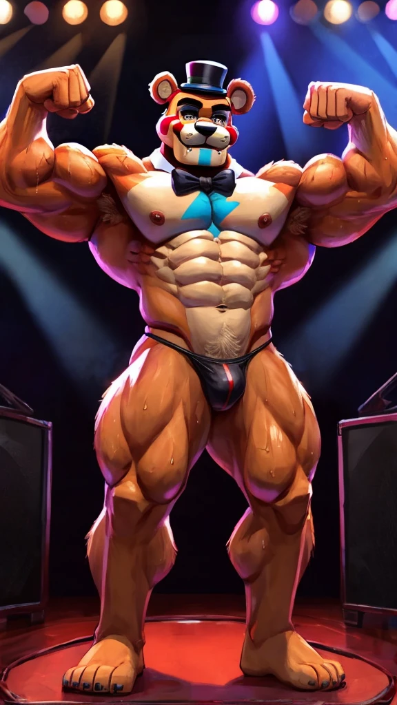 Muscular adult Freddy Fazbear flexing his arms wearing a small thong on stage while sweaty
