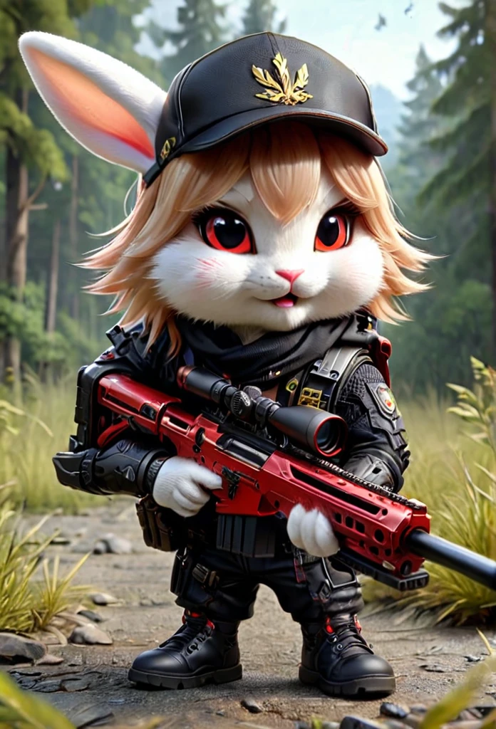 red rabbit, chibi size, tactical vest, wear hat, wear shoes, wielding Sniper Rifle, shooting, highly detailed, HD, masterpiece, best quality, hyper detailed, ultra detailed