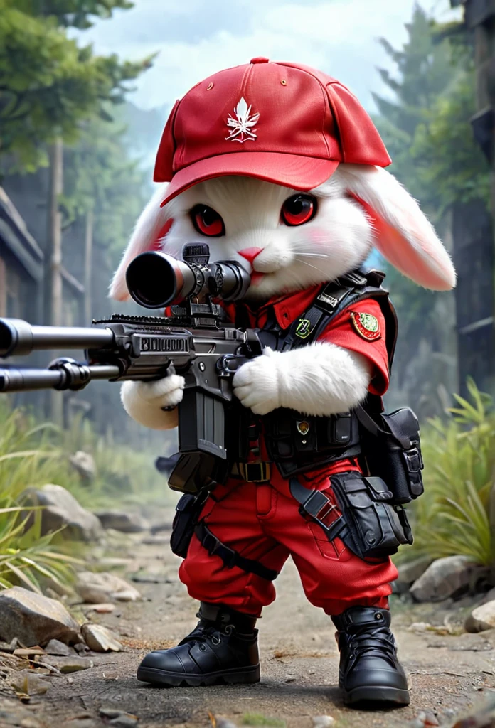 red rabbit, chibi size, tactical vest, wear hat, wear shoes, wielding Sniper Rifle, shooting, highly detailed, HD, masterpiece, best quality, hyper detailed, ultra detailed