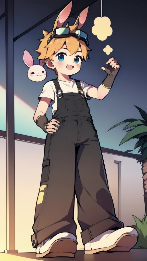 ((A young boy))，(Youthful feeling)，Overalls，Goggles，Fingerless gloves，Cotton socks，Short sleeve，stand up，happy，Rabbit ears