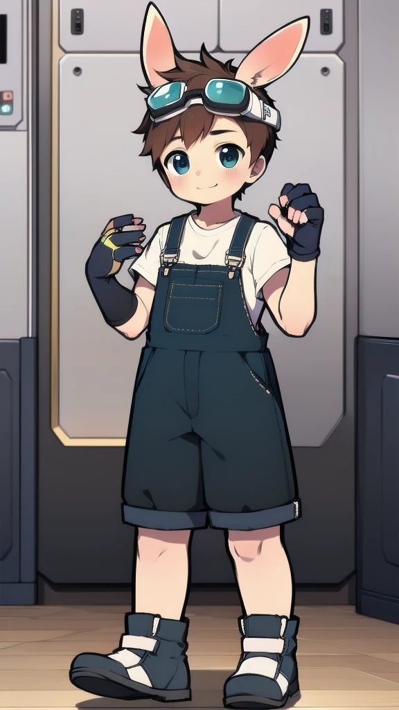 ((A young boy))，(Youthful feeling)，Overalls，Goggles，Fingerless gloves，Cotton socks，Short sleeve，stand up，happy，Rabbit ears