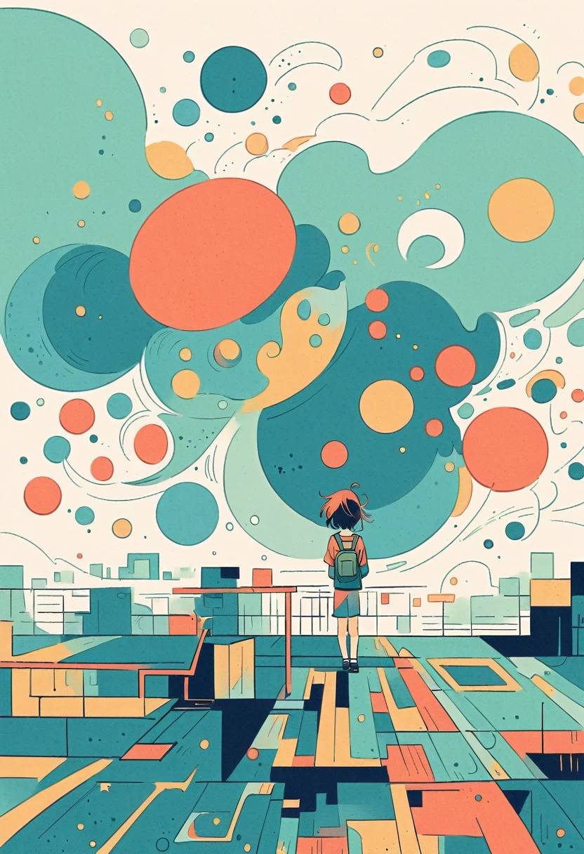 (Stand on a rooftop with a railing:1.3),Girl with backpack on rooftop,Simple Line Initialism,Abstract art,Urban Background
