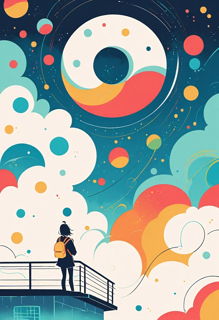 (Stand on a rooftop with a railing:1.3),Girl with backpack on rooftop,Simple Line Initialism,Abstract art,Urban Background