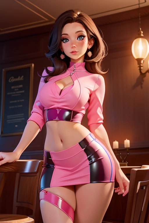 A pretty French belle, 25 years old, wearing tight clothes, posing in a posh restaurant on a date night, deep chest, exposed midriff, high fashion, stunning makeup, indoor mood lighting, pink theme, lovely shadows and lighting, realistic skin and hair, attractive eyes, Unreal Engine 5, --ar 2:3 --s 750 --niji 5