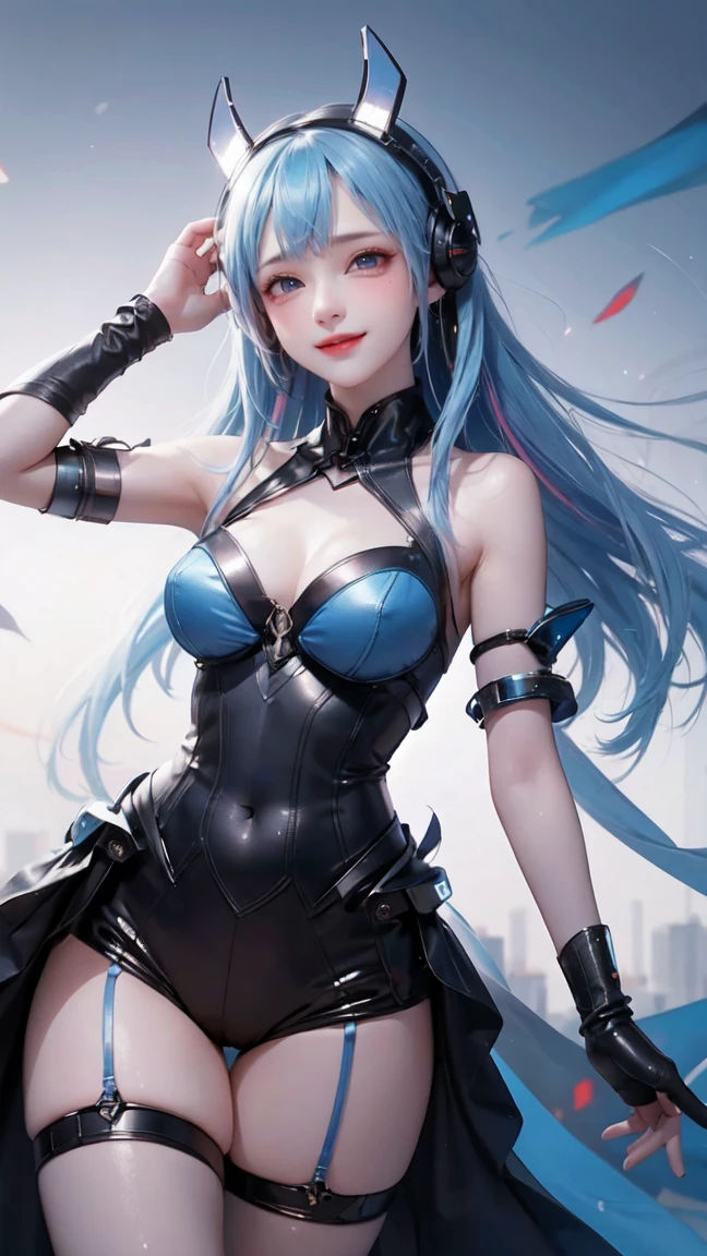 A beautiful young girl with vibrant blue hair and eyes, wearing futuristic-looking headphones, 8K, high quality, simple background, good pose