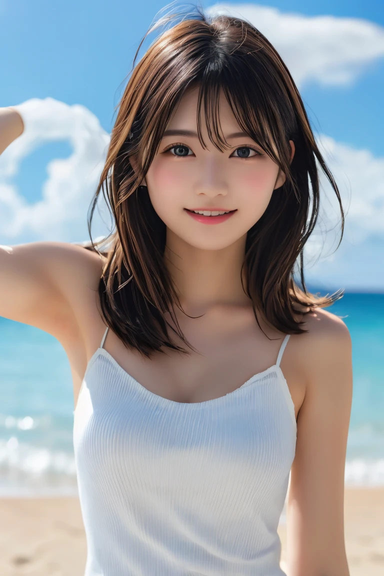 Highest quality、（beautiful）、camisole、Close-up、Big Breasts、Brown Hair、looking at the camera、excited、Beach、Dynamic pose