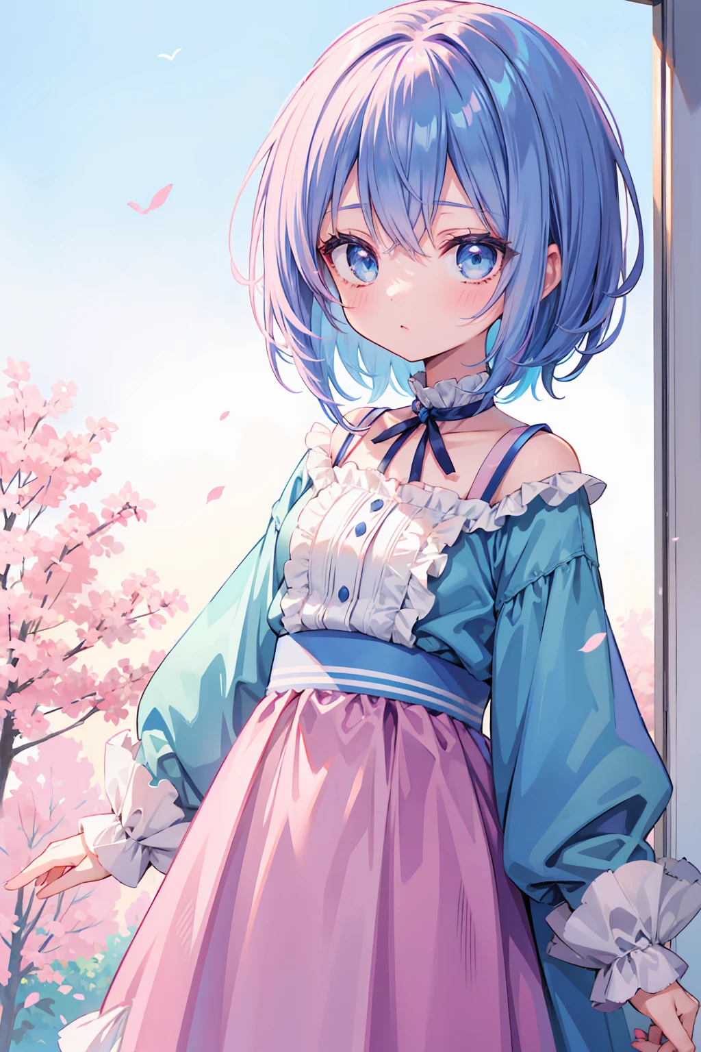 anime girl, short blue hair, very detailed blue eyes, pillama color pink, raised a little in the middle part of the blouse
