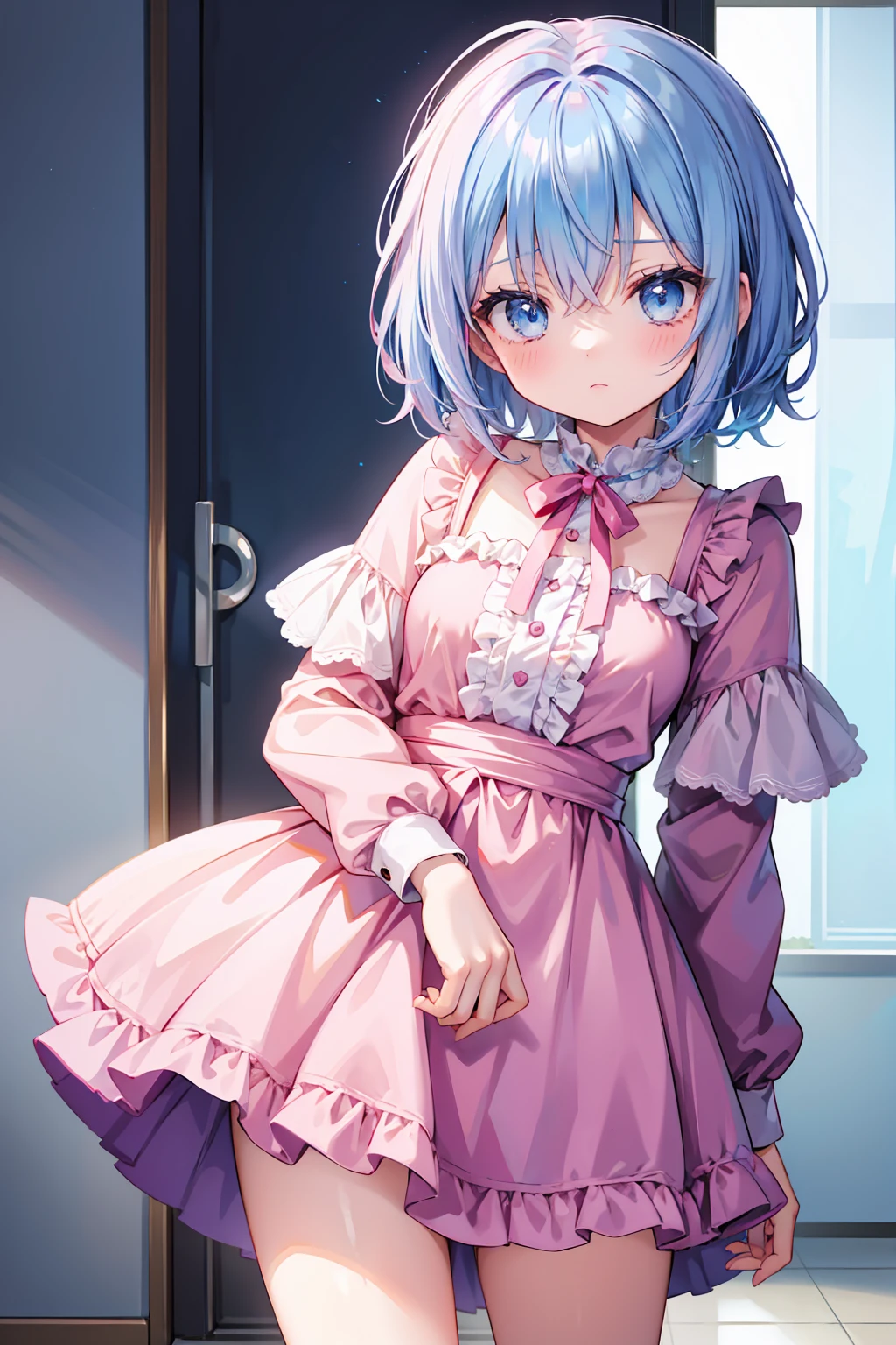 anime girl, short blue hair, very detailed blue eyes, pillama color pink, raised a little in the middle part of the blouse
