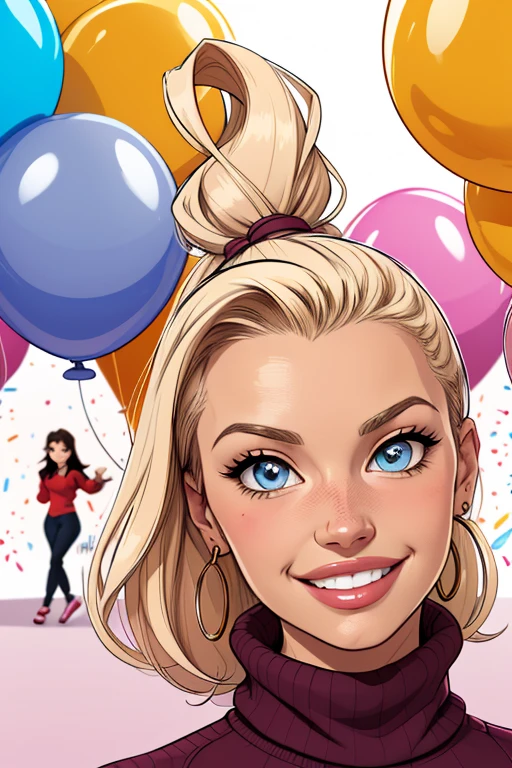 (cartoon style:1.2), Drawings of ([Jessica Simpson]), wearing a baggy turtleneck sweater, A big smile, perfect eyes, detailed face, party background, fun posing, flirty look, Hanabubuki, balloon