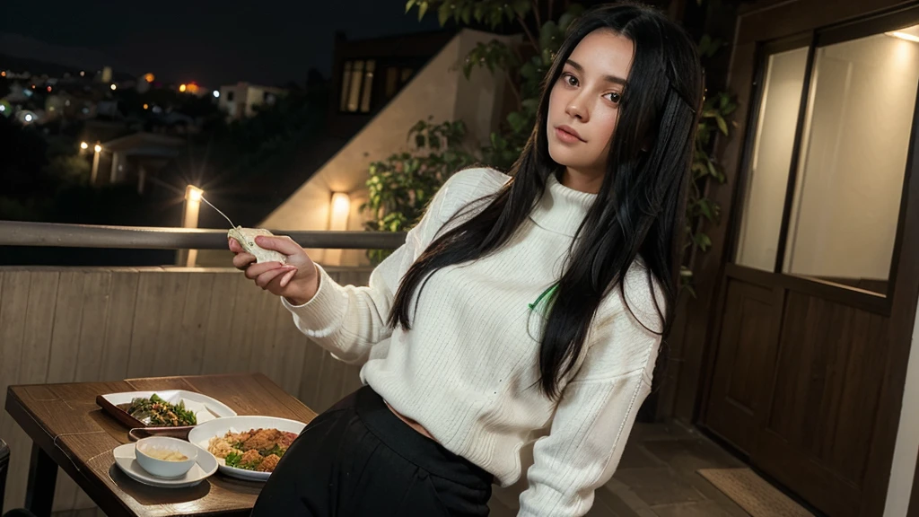 a girl(who is wearing white highneck sweater and black pant, long black hair ) is standing with a plate of food in her hand, more realistic, background green hills, evening scene