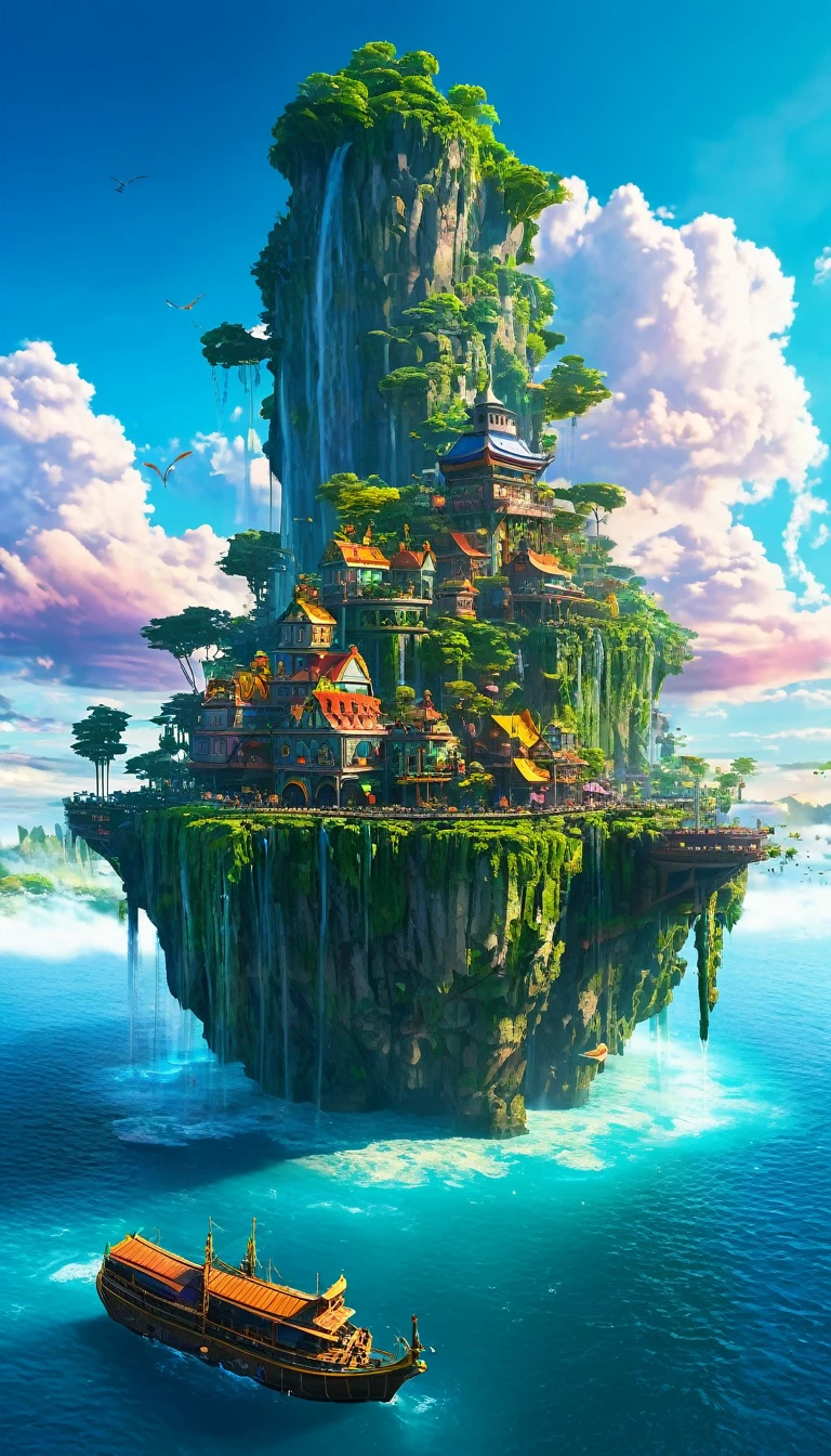 artwork, highest quality, Better Quality, Island, Waterfall cascading down from the centre of the island, Fantasy World, Magnificent panorama, Multicolored clouds, Flashy colors, there's floating city around it , many wooden big ship wandering around it ,