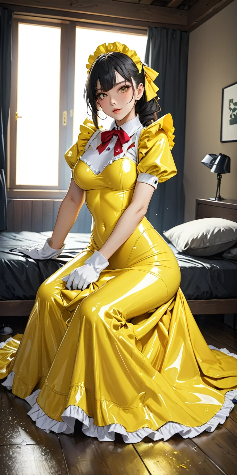 Portraiture、(masterpiece,Highest quality,Ultra-high resolution),Japanese women, (((Very beautiful 25 year old girl))),(Bright yellow latex maid outfit)、((Bright yellow latex long skirt))、(Bright yellow long sleeve latex shirt)、Bright yellow latex gloves、Bright yellow latex socks、Bright yellow latex bodysuit、Frills、The clothes fit snugly to the body、Latex is very shiny、Dark Room、