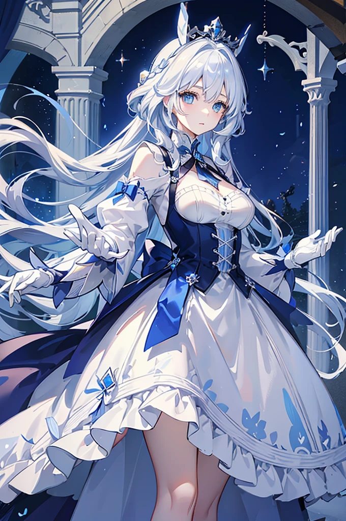 A woman with white hair and blue eyes、adult、Long, fluffy wavy hair、Braiding、Wearing hair ornaments、Princess、White gloves、blue and white lace dress、Blue and white ribbon、The length of the dress is short in the middle and long at the back、Garter Ring、Fantasy