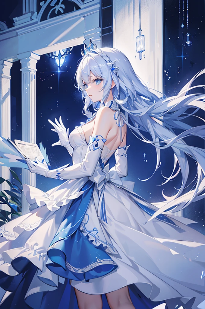 A woman with white hair and blue eyes、adult、Long, fluffy wavy hair、Braiding、Wearing hair ornaments、Princess、White gloves、blue and white lace dress、Blue and white ribbon、The length of the dress is short in the middle and long at the back、Garter Ring、Fantasy