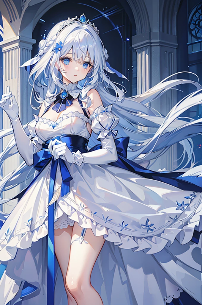 A woman with white hair and blue eyes、adult、Long, fluffy wavy hair、Braiding、Wearing hair ornaments、Princess、White gloves、blue and white lace dress、Blue and white ribbon、The length of the dress is short in the middle and long at the back、Garter Ring、Fantasy