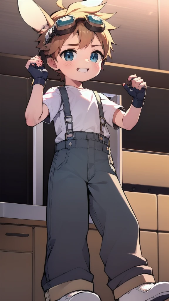 ((A young boy)),(Youthful feeling),Overalls,Goggles,Fingerless gloves,Cotton socks,Short sleeve,stand up,happy,Rabbit ears