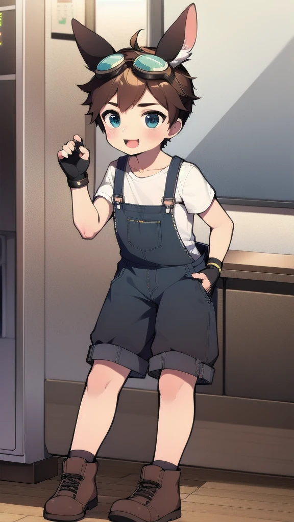 ((A  boy))，(Youthful feeling)，Overalls，Goggles，Fingerless gloves，Cotton socks，Short sleeve，stand up，happy，Rabbit ears